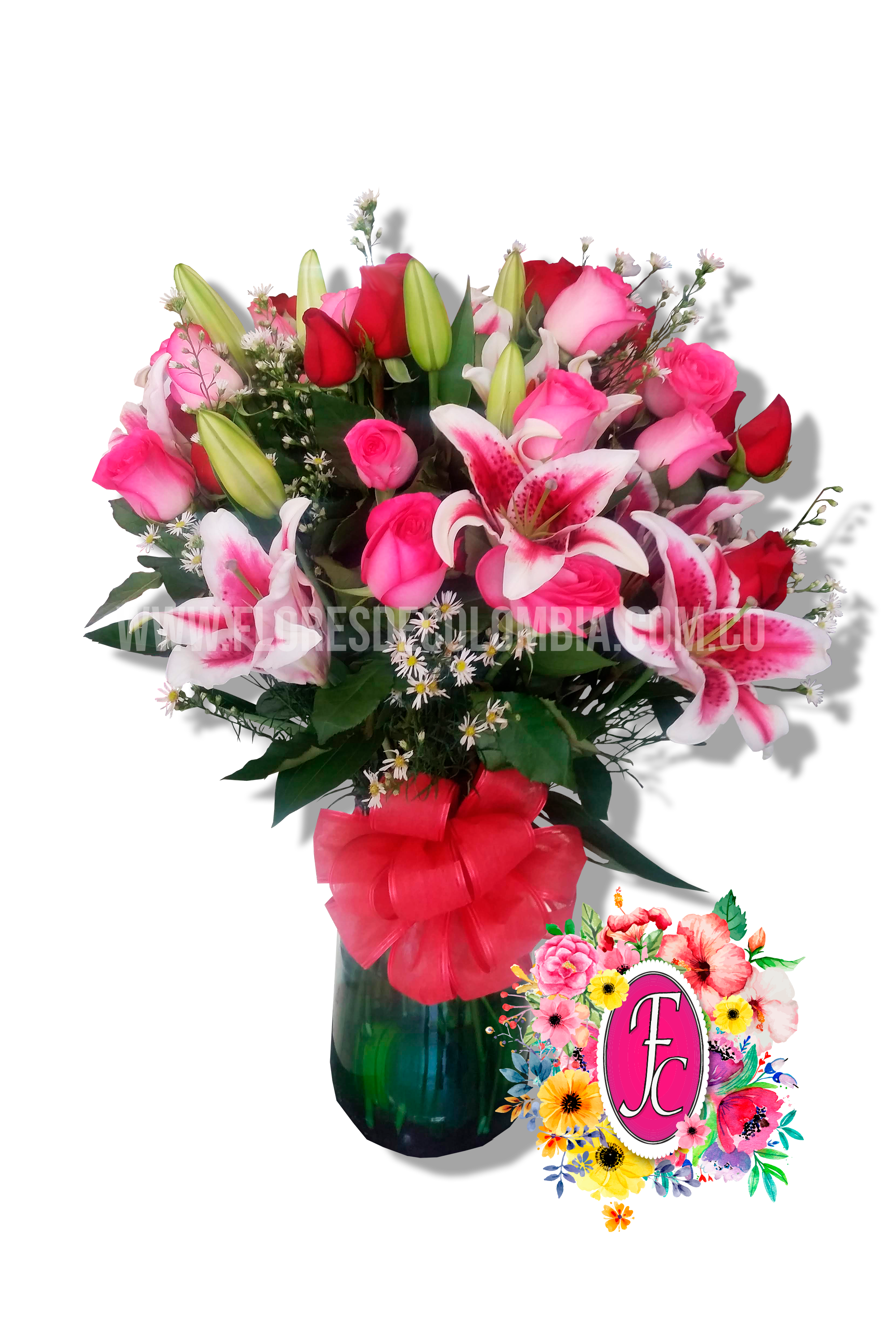 Florero mediano con lirios y rosas - Flores de Colombia